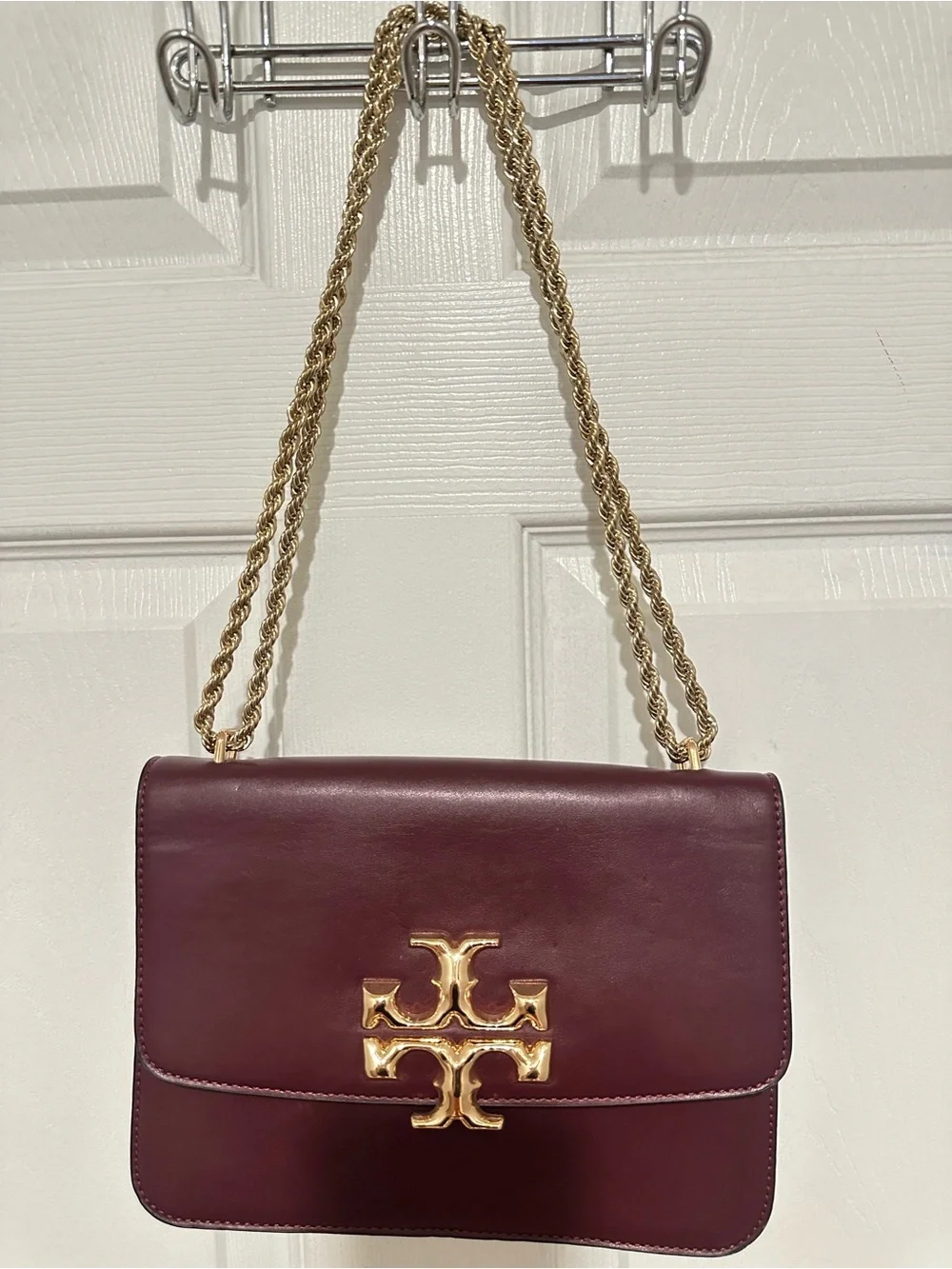 Tory Burch Burgundy Leather Shoulder Bag with Gold Chain